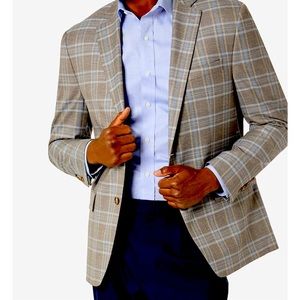 RALPH LAUREN PLAID TAN/BLUE MEN’S BLAZER 44S CLASSIC SINGLE BREASTED FLEX FIT